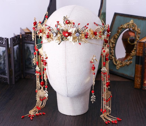 New bride Chinese classical wedding red long tassel dragon and phoenix headdress