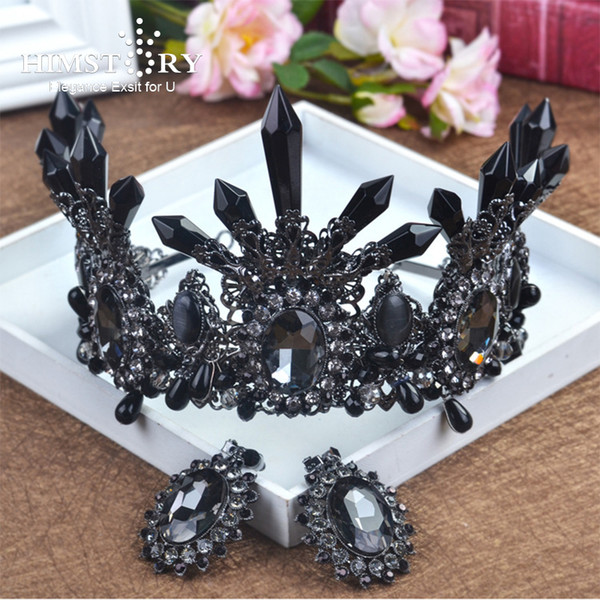 HIMSTORY Oversize Large Bridal Crown European Baroque Black Crystal Wedding Tiara Hair Accessories Prom Crown Party Hairwear D19011102