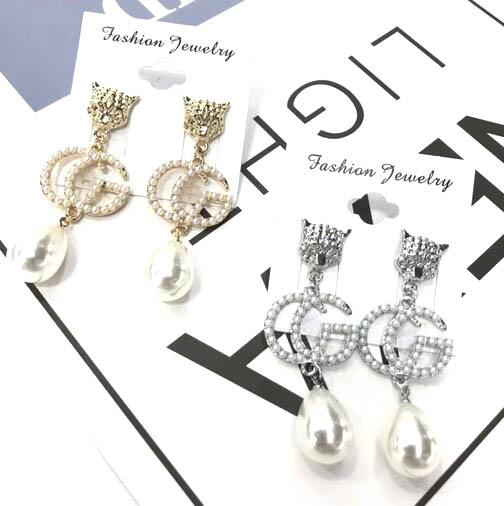 Luxury Letters Design Earrings Waterdrop Pearl Dangle Eardrop Shining Cubic Crystal Lion Head Ear Studs For Women Party Jewelry