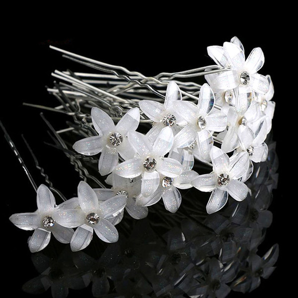 20pcs/set White Flowers Hairpin Stick Wedding Women Bridal Crystal Flowers Hairpin U Shaped Hair Clip Hair Accessories Wholesale