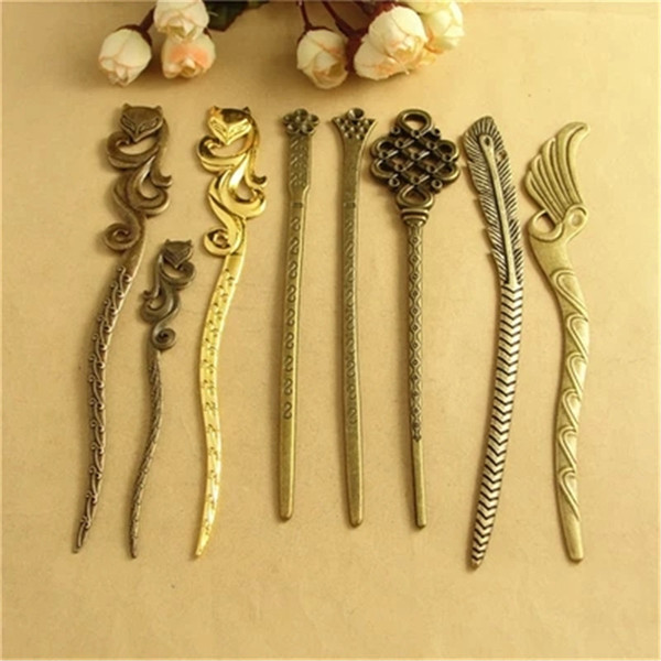 BOYUTE 10Pcs Vintage Chinese Hair Sticks Metal Alloy Fox/Feather DIY Hair Jewelry for Women YW0011