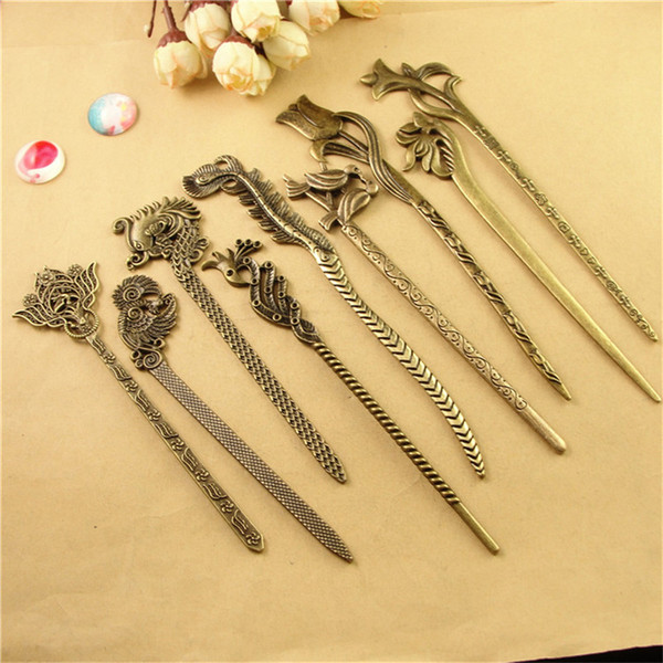 BOYUTE 10Pcs Japanese Hair Sticks Metal Alloy Antique Bronze Plated Vintage Hair Jewelry for Women YW0010