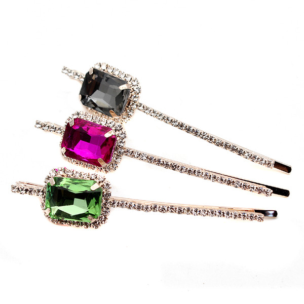 1Pair Women Girls Trendy Square Hair Pins Rose Gold Clear Crystal Hair Barrettes Black Rhinestone Accessories Clips