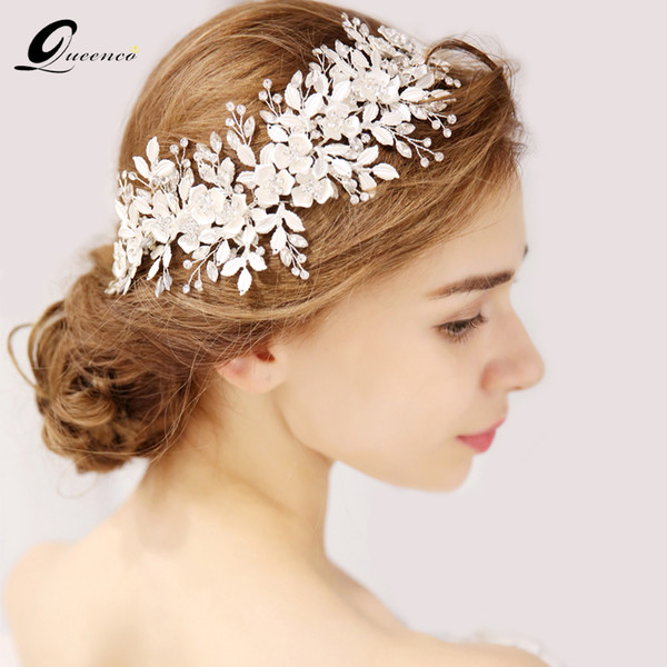 QUEENCO Silver Floral Bridal Headpiece Tiara Wedding Hair Accessories Hair Vine Handmade Headband Jewelry For Bride