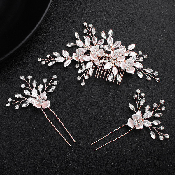 2018 Pink Flower Women Hair Comb + 2pcs Hairpins Handmade Wedding Hair Accessories Crystal Bridal Hairpieces Jewelry JCH193