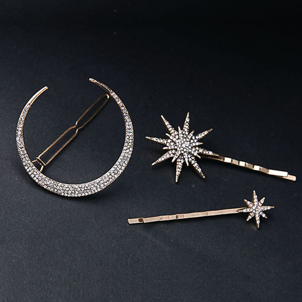 ( 3 pcs / set )Branded Design Star Moon Rhinestone Hair Clip Hairpins Fashion Hairpins Accessories Women Jewelry