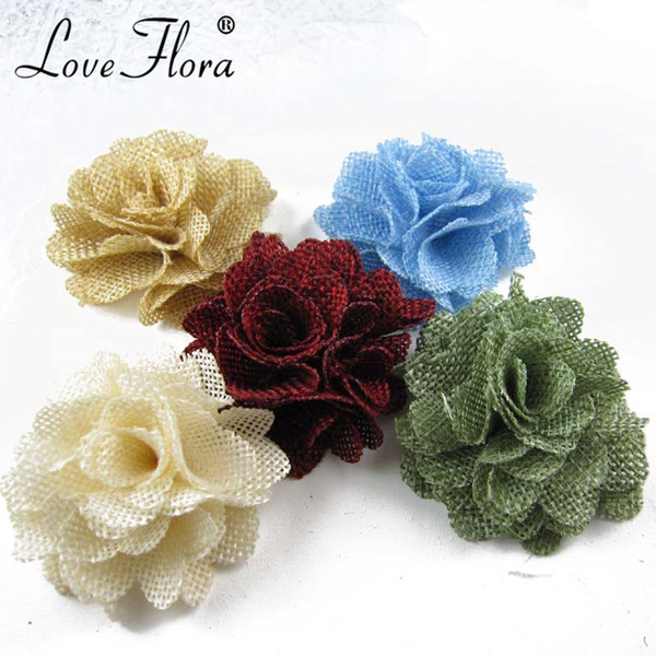 Free shipping!24pcs/lot 6cm flax flowers burlap fabric flowers hair accessory