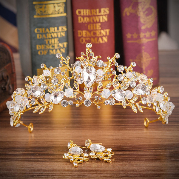 Bridal Wedding Hair Jewelry Princess Headband Gold Crystal Handmade Tiaras and Crowns Prom Crown Earrings Sets Ornaments