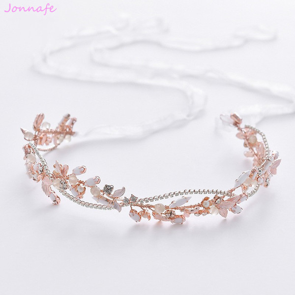 Jonnafe 2019 Rose Gold Leaf Headpiece Charming Wedding Headband Tiara Bridal Hair Vine Accessories Handmade Women Jewelry