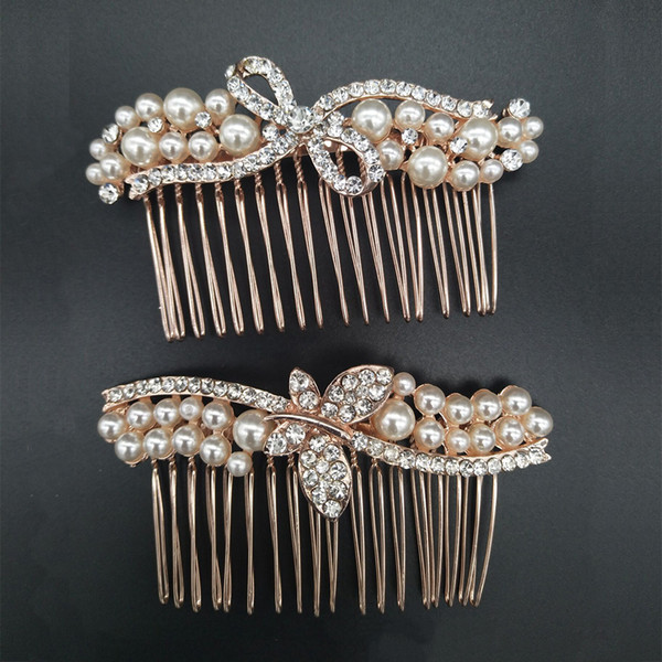 Rhinestones Faux Pearls Bow Butterfly Hair Comb Clip Wedding Bridal Alloy Hair Pins Women Jewelry Styling Brush Girl Female Gift