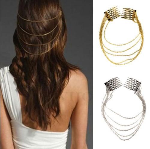 1 x Fashion Punk Hair Cuff Pin Clip 2 Combs Tassels Chains Head Band Silver/Gold Fashion Wedding Hair Jewelry