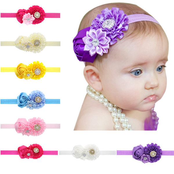 20pcs 10cm Satin Rose Flowers Rhinestones Newborn Elastic Headbands Chiffon Soft 14 colors Hair Bands Hair Accessories