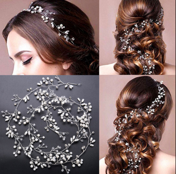 35cm Luxury Pearls Crystal Wedding Hair Vine Bridal Accessories Headpiece Jewelry Fashion Gift Long