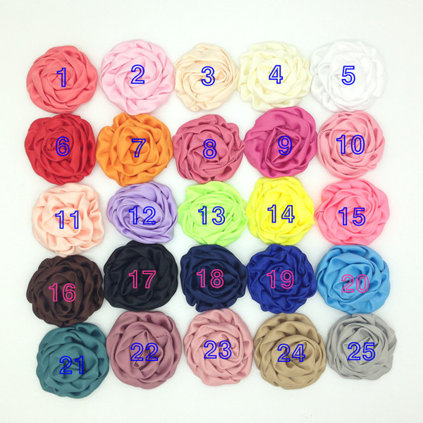 Good Quality 8cm Handmade Rolled Satin Flower 50pcs 25 Colors Large Rosette Fabric Buds Flat Back for DIY Headband Head wear Hair Accessory