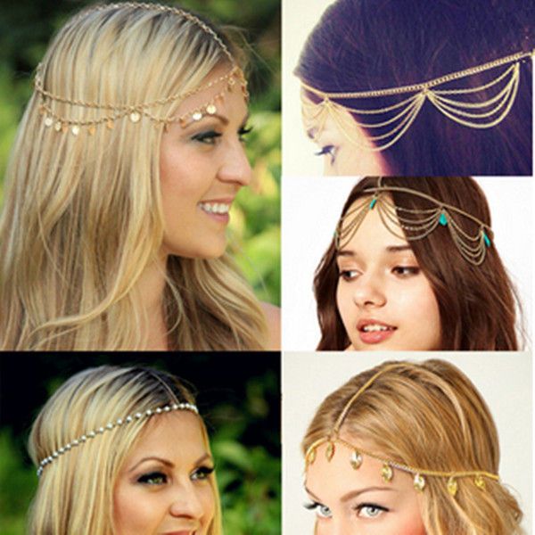 New Hot Beach Multi Layer Metal Gold Color Head Chain Hair Jewelry Tassel Pearl Leaves Bindi Hair Accesories Bohemian Headband