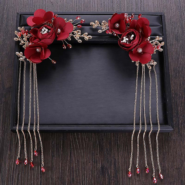 Chinese Classic Red Rose Flower Tassel Hair Pins Tiara Bride Wedding Hair Ornaments Women Crystal Hoop Headband Hairpins SL