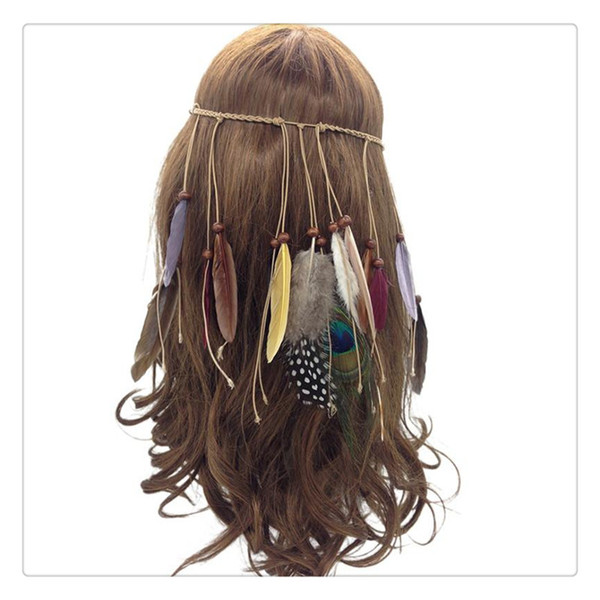 Feather Headband Tassel Hemp Rope Bohemian Peacock Feathers Hairband Indian Style For Women Girls Festival Headdress Fashion