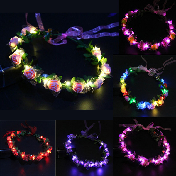 Flashing LED Glow Rose Crown Headbands Light Party Rave Floral Hair Garland Wreath Wedding Flower Girl Headpiece K3638