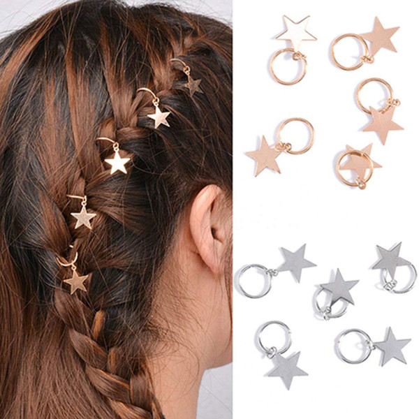 LICG-10pcs Lady Girls Cute Shiny Silver & Gold Star Hair Rings Braids Plaits Hair Clips Metal Cuffs Decoration Braiding H