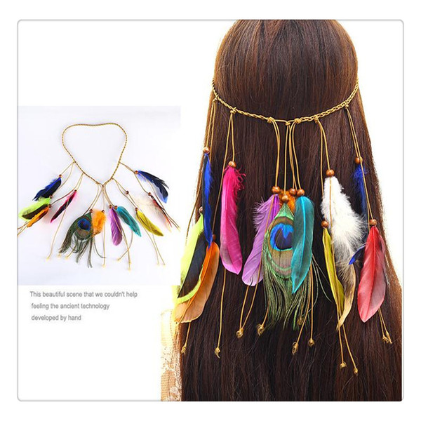 Indian Feather Headband Tassel Hemp Rope Bohemian Peacock Feathers Hairband For Women Girls Festival Headdress Fashion Cool Gift