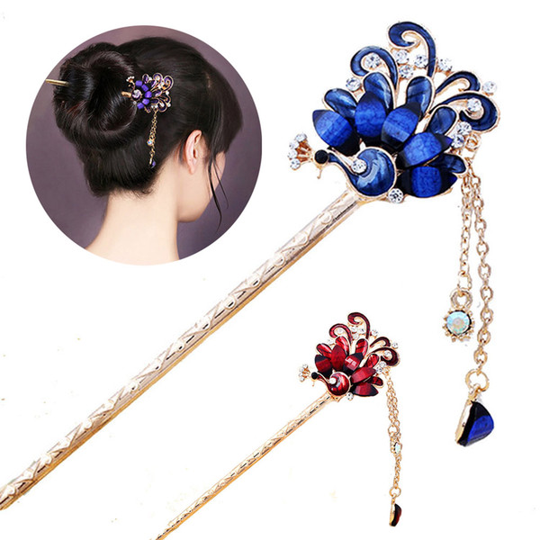 1Pcs Fashion Classic Women Crystal Peacock Tassel Rhinestones Hairpins Hair Stick Wedding Bride Party Headdress Hair Accessories