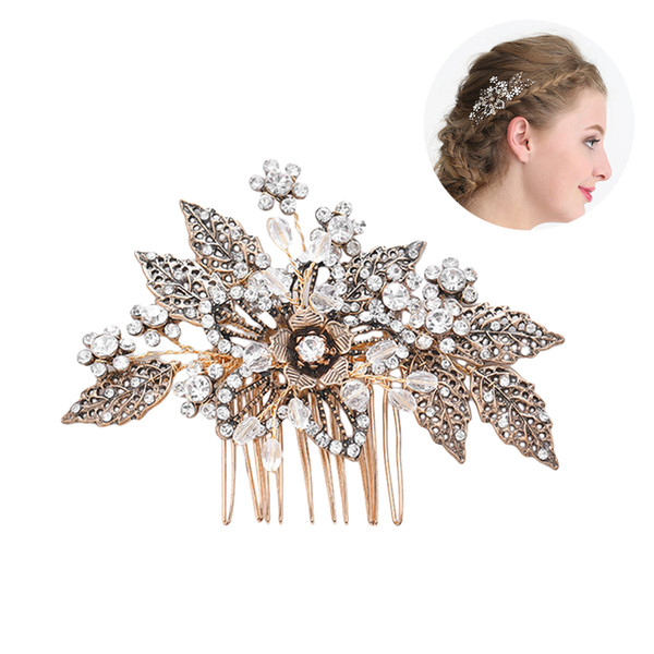 Wedding Hair Combs Vintage Sweet Crystal Leaf Headdress Hair Side Comb Wedding Dress Accessories Headwear for Bride Bridesmaid