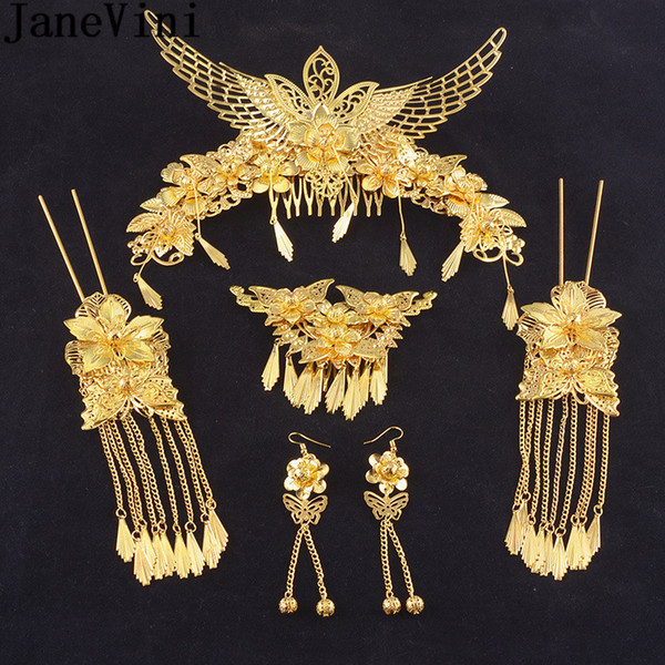 JaneVini Classic Chinese Hairpin Hair Comb Gold Phoenix Wedding Earrings Bridal Hair Pins Set Photography Hair Stick Accessory C19010501