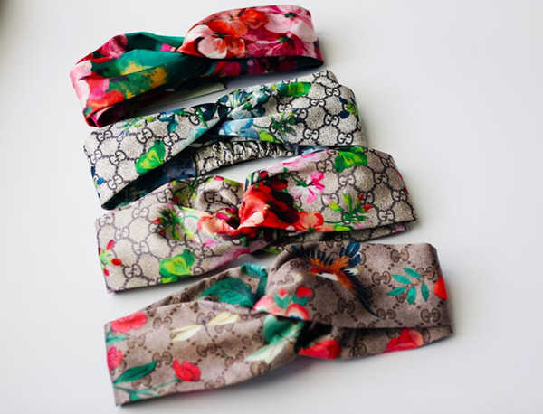 \\\ brand Design G Style 100% Silk Cross Headband ladies Girl Elastic Hair bands Retro Turban Headwraps Gifts Flowers Hummingbird Orchid