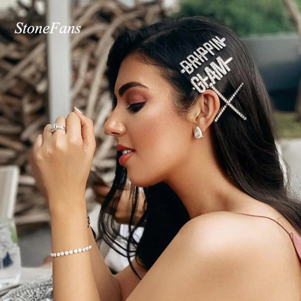 StoneFans 2019 Fashion Crystal Hairpin Shiny Rhinestones GLAM DRIPPIN Letters Hair Clips Hair Accessories for Women Girls