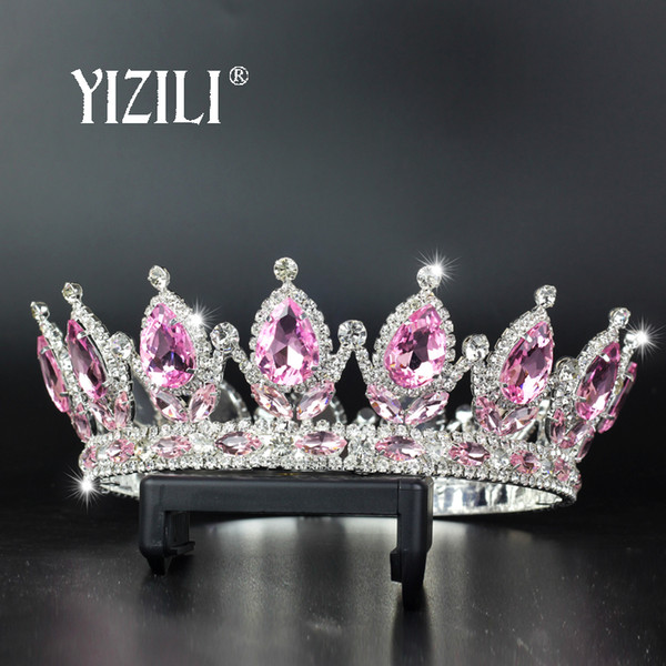 YIZILI big crown Pink green silver Pageant Beauty Contest Tall Queen King Bride Tiara For Women Headdress Prom Bridal WeddingC80