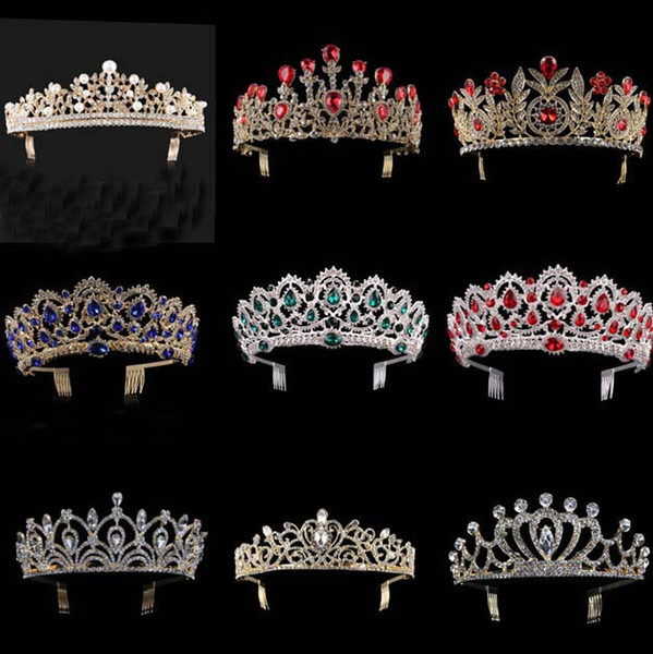 New Bride Wedding Crystal Crown Hair Jewelry Gold Silver Handmade Blue Red Green Rhinestone Bridal Tiaras Crown Accessories