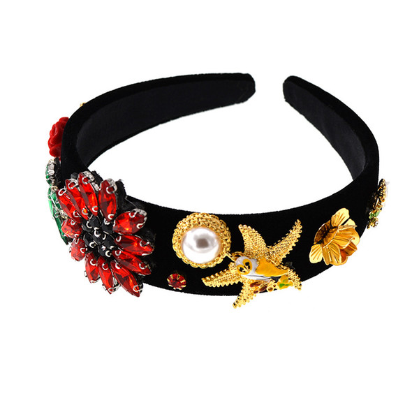 Baroque Luxury Crystal Hairband Vintage Women Starfish Flower and Bird Spring Rhinestone Brand Headdress Pearl Hair Jewelry