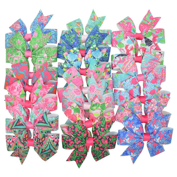 Duwes 20pcs 20 Colors Lilly Printed Grosgrain Ribbon Bows Clips Girl's Hair Boutique Headware Kids Hair Accessories Mix J190507