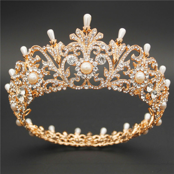 Vintage Baroque Bride Tiara Crown For Women Headdress Bridal Wedding Hair Jewelry Fashion Pearls Diadem Queen Pageant