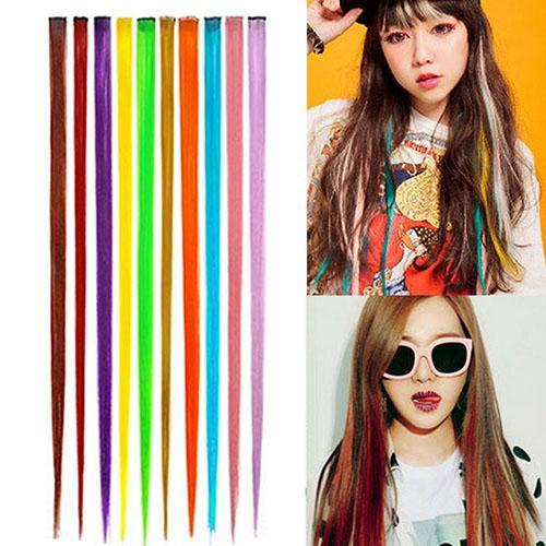 Women's Multi-Color Long Straight Synthetic Clip In Human Hair Extensions Piece