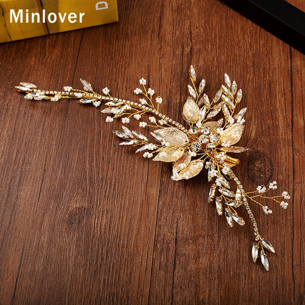 Minlover Gold Color Flower Crystal Bridal Hair Combs Wedding Hair Accessories Rhinestone Leaf Headpiece Vine Jewelry MFS191