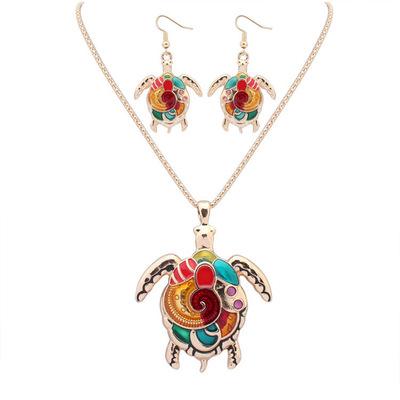 Enamel Turtle Jewelry Sets Rainbow Tortoise Pendant Necklace & Earrings Statement Sweater Necklace Best Christmas Gifts for girls women