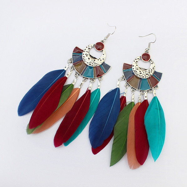 Bohemia Fan Shape Women Earrings Ethnic Feathers Long Dangle Drop Jewelry Tassel Eardrop Lady Feather Earrings