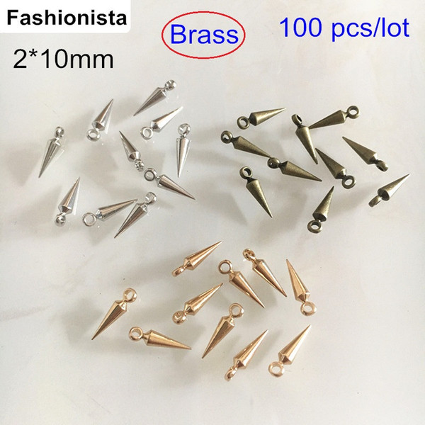 100 pcs 3D Sharp Cone Charms,2*10mm Small Brass Sharp Dangles For Earrings DIY,Gold-color/ Bronze / Steel Color,3D Shape