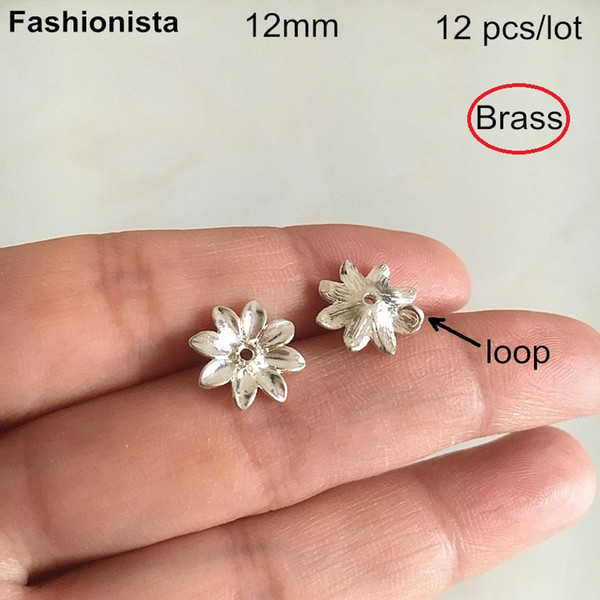 12 pcs -12mm Brass Casted Flower Bead Cap With Back Loop,Silver-color,8 Petal Small Flower Charm For Earrings Jewelry DIY -HY