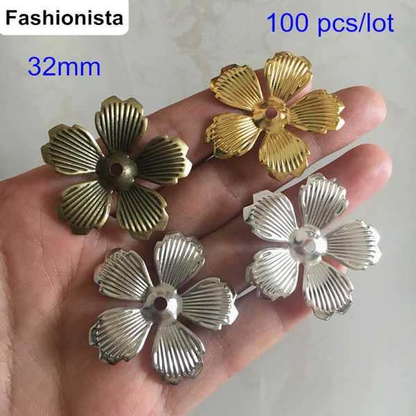 100 pcs 5 Petal Flower Bead Caps,32mm Metal Stamping Bead Cap For DIY Crafts,Gold-color,Silver-color,Bronze,Steel