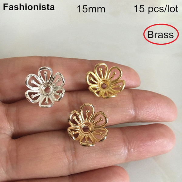 15 pcs -15mm Brass Casted Bead Caps,Hollow 6 Petal Flowers,Filigree Brass Bead Caps For Jewelry & Crafts DIY,Gold,Silver -HY