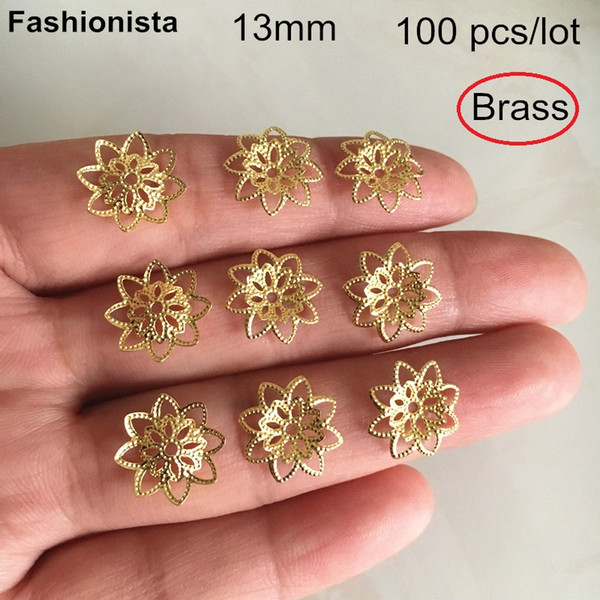 100 Pcs Raw Brass Filigree Flower Bead Caps,13mm Open Design 8 Petal Flower Brass Bead Cap,Handmade Jewelry Metal Supplies -HY