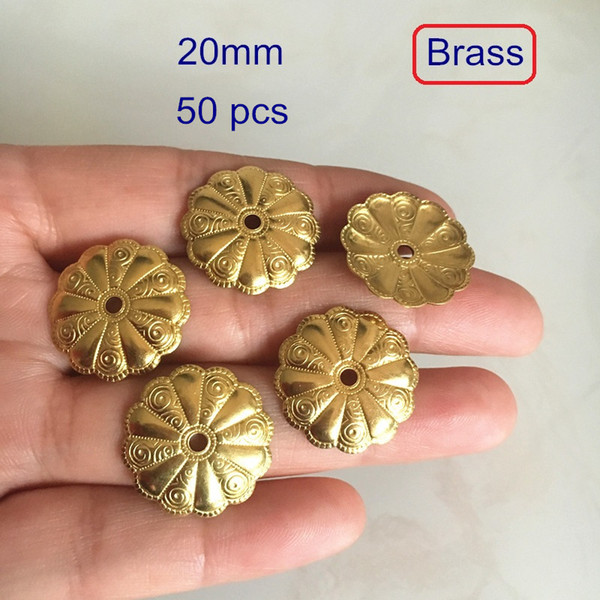 50 pcs Brass Flower Bead Caps 20mm,Raw Brass Casted Round Flowers With Detailed Pattern,12 Petal Flower,Middle Hole -DGG