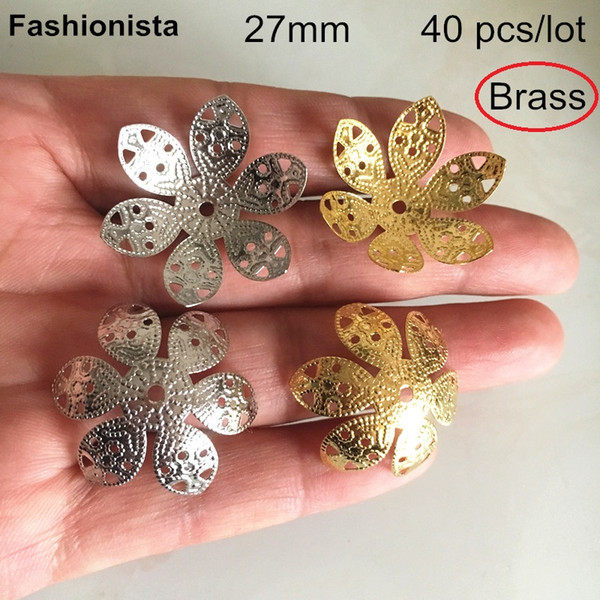 40 pcs Large Fower Filigree Bead Caps,27mm Raw Brass / Steel Color 6 Petal Filigree Flower Brass Bead Cap For Crafts DIY - HY