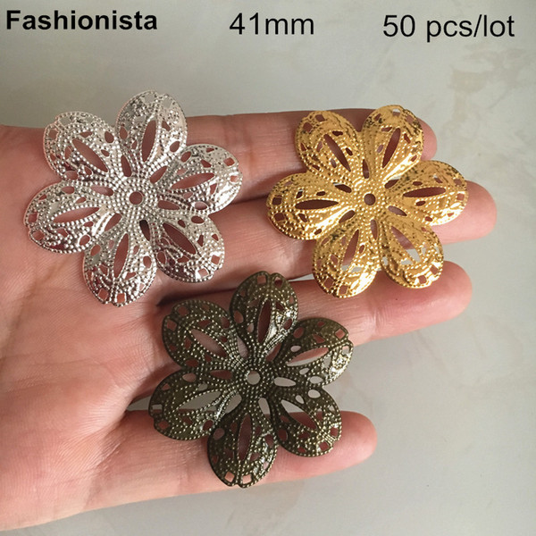 50 pcs Metal Filigree Flowers 41mm,Gold-color,Silver-color,Bronze,6 Petal Metal Flower Bead Caps For Jewelry Project -DGG