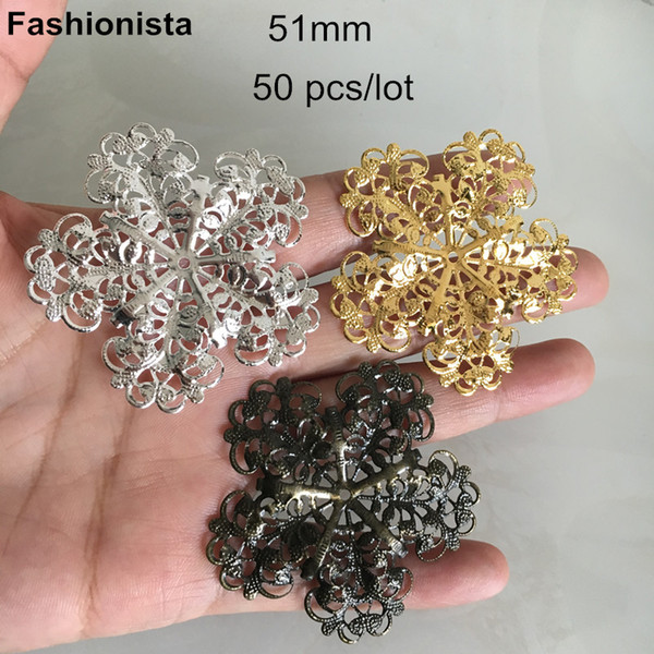 50 pcs Large Flower Bead Caps,51mm Metal Flowers,Gold-color,Silver-color,Bronze,Metal Filigree Flower 5 Petal,DIY Crafts Findings