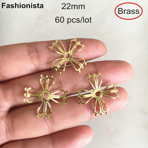 60 pcs Brass Beads Caps,22mm Open Design Metal Filigree Flower Bead Cap For Jewelry Making,4 Petals Flower,Raw Brass Crafts