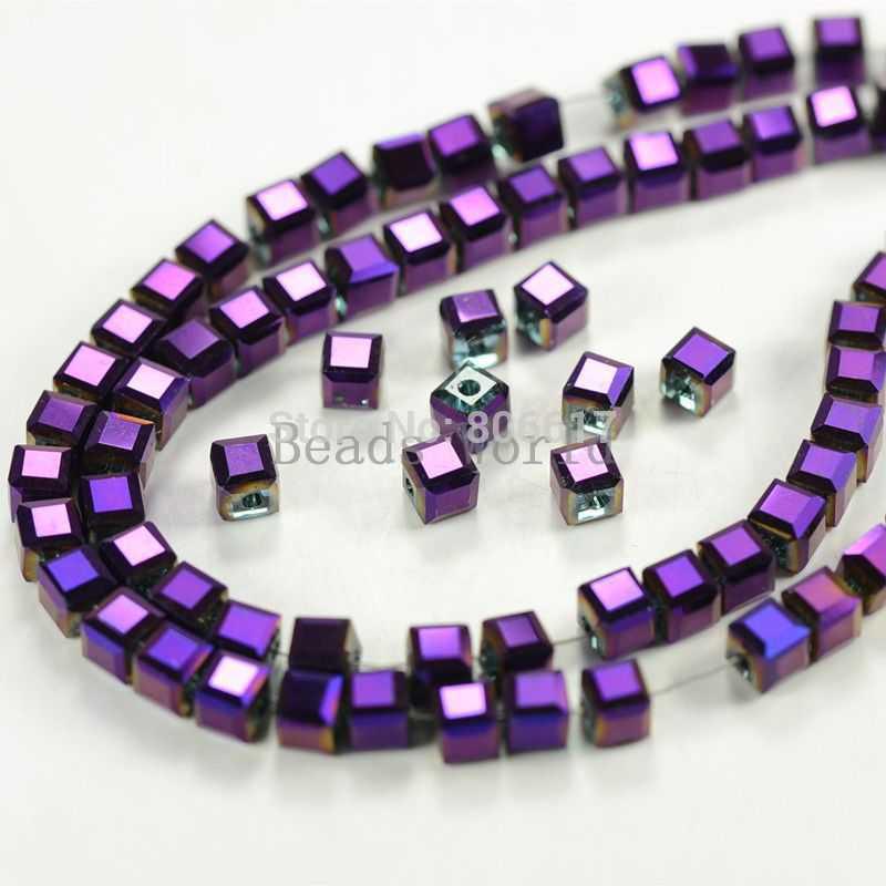 Free Shipping 1 Strands Purple AB Color Faceted Cube Glass Crystal Loose Beads 4mm(W03676 X 1)