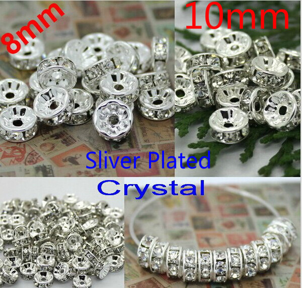 8MM 10MM DIY Crystal Bead Spacer Metal Silver Plated Rhinestone Charms Collar Beads For Jewelry Making ,2 size choose